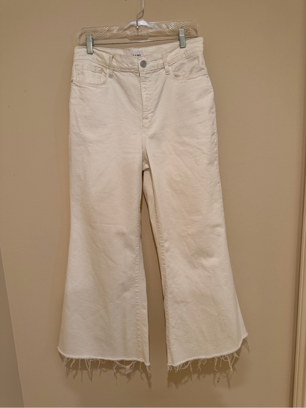 Frame Denim White Wide-Leg Frayed Hem Jeans
